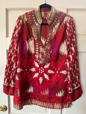 Tory Burch Ikat Iveta Red Tunic Silk Embellished Size 10